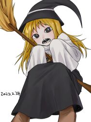 Rule 34 | 1girl, akaakaakaakashio, black dress, black eyes, black hat, boots, bright pupils, broom, brown footwear, chinese commentary, commentary request, cookie (touhou), crescent, crescent pin, dated, dress, full body, gogogo (cookie), hat, highres, holding, holding broom, kirisame marisa, long hair, looking at viewer, open mouth, pinafore dress, sharp teeth, shirt, short bangs, simple background, sitting, sleeveless, sleeveless dress, sleeves past fingers, sleeves past wrists, solo, teeth, touhou, white background, white pupils, white shirt, witch hat