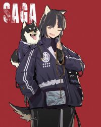Rule 34 | 1girl, alternate costume, animal ears, arknights, beads, black hair, character name, dog, dog ears, dog girl, dog tail, facial mark, forehead mark, hand gesture, highres, jacket, khrnnfz, long hair, one eye closed, pants, prayer beads, red background, saga (arknights), shiba inu, simple background, solo, tail, text background, tongue, tongue out