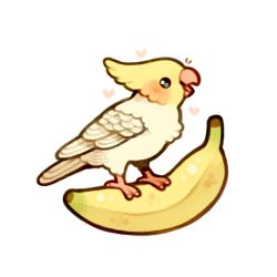 Rule 34 | animal, animal focus, banana, bird, chibi, cockatiel, commentary, english commentary, feathers, food, fruit, green eyes, heart, no humans, on food, original, parrot, simple background, spicymochi, watermark, white background, yellow feathers