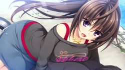 Rule 34 | 1girl, asami asami, ashiya suzuka, bicycle, blush, breast press, breasts, brown hair, game cg, happy, highres, jewelry, large breasts, legs, long hair, long sleeves, looking away, necklace, open mouth, ponytail, pretty x cation 2, purple eyes, sitting, skirt, smile, solo focus, sunlight, thighs