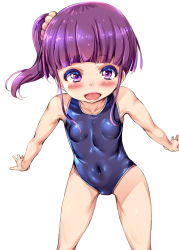 Rule 34 | 1girl, blue one-piece swimsuit, blunt bangs, blush, breasts, commentary request, covered navel, legs apart, long hair, looking at viewer, one-piece swimsuit, original, ponytail, purple eyes, purple hair, school swimsuit, shiny clothes, shiny skin, side ponytail, simple background, small breasts, solo, standing, swimsuit, usyuuri, white background