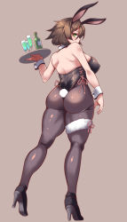 Rule 34 | 10s, 1girl, alternate costume, animal ears, ass, bottle, breasts, brown hair, cup, detached collar, drink, drinking glass, fake animal ears, from behind, from below, green eyes, grey background, hair between eyes, high heels, holding, holding tray, kantai collection, large breasts, leotard, looking at viewer, looking back, mutsu (kancolle), pantyhose, playboy bunny, rabbit ears, rabbit tail, short hair, solo, tail, taka (sanoujo358), tray, wine glass, wrist cuffs