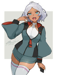 Rule 34 | 1girl, ahoge, aizaki b, asticassia school uniform, border, cellphone, commentary, cowboy shot, dark-skinned female, dark skin, green eyes, green jacket, green shorts, grey background, grey hair, gundam, gundam suisei no majo, highres, holding, holding phone, jacket, looking at viewer, open mouth, outside border, partially unzipped, phone, school uniform, secelia dote, short hair, short shorts, shorts, signature, skindentation, smartphone, solo, standing, teeth, thighhighs, thighs, tongue, tongue out, twitter username, upper teeth only, white border, white nails, white thighhighs