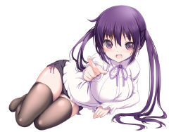 Rule 34 | 1girl, :d, black legwear, black shorts, blouse, blush, bow, breasts, female focus, full body, gochuumon wa usagi desu ka?, large breasts, long hair, long sleeves, looking at viewer, lying, no shoes, on side, open mouth, pointing, pointing at viewer, purple eyes, purple hair, purple ribbon, ribbon, shirt, shorts, simple background, smile, solo, sora to umi, tedeza rize, twintails, white background, white shirt