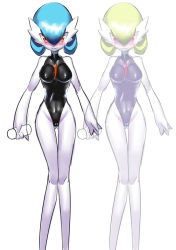 Rule 34 | 1girl, alternate color, alternate costume, artist request, bare shoulders, black one-piece swimsuit, blue one-piece swimsuit, blush, breasts, collarbone, covered erect nipples, covered navel, creatures (company), cup, drinking glass, female focus, game freak, gardevoir, gen 3 pokemon, glass, green hair, jpeg artifacts, looking at viewer, medium breasts, multiple views, navel, nintendo, one-piece swimsuit, pink eyes, pokemon, pokemon (creature), pokemon rse, shiny pokemon, short hair, simple background, swimsuit, teeth, turtleneck, white background