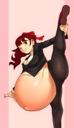 Rule 34 | 1girl, atlus, big belly, female focus, hellbrain, highres, leg lift, one eye closed, persona, persona 5, persona 5 the royal, ponytail, pregnant, red eyes, red hair, ribbon, solo, split, standing, standing on one leg, standing split, yoshizawa kasumi