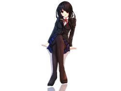 Rule 34 | 10s, 1girl, alternate hairstyle, arm support, black hair, black pantyhose, blazer, blush, crossed legs, date a live, female focus, full body, hair over one eye, highres, jacket, legs, long hair, looking at viewer, open mouth, pantyhose, plaid, plaid skirt, red eyes, reflection, school uniform, simple background, sitting, skirt, solo, tokisaki kurumi, uniform, white background