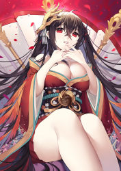 Rule 34 | 1girl, absurdres, ahoge, azur lane, bare shoulders, black hair, breasts, cleavage, crossed bangs, hair ornament, highres, japanese clothes, kimono, large breasts, long hair, long sleeves, looking at viewer, mask, mask on head, may (2747513627), obi, off shoulder, petals, red eyes, red kimono, ribbon, sash, short kimono, sitting, smile, striped ribbon, taihou (azur lane), thighs, wide sleeves