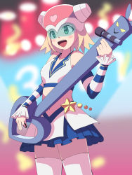 Rule 34 | 1girl, artist request, bare shoulders, blonde hair, blue-tinted eyewear, blush, breasts, capcom, detached sleeves, frilled skirt, frills, green eyes, harp note (mega man), helmet, highres, instrument, medium breasts, mega man (series), mega man star force, microphone, midriff, miniskirt, music, open mouth, playing instrument, short hair, skirt, solo, sonia strumm (mega man), thighhighs, tinted eyewear, visor, zettai ryouiki