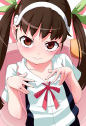 Rule 34 | 1girl, backpack, bag, bakemonogatari, blush, child, hachikuji mayoi, hair ribbon, hand on own chest, highres, long hair, looking at viewer, monogatari (series), note2000, red eyes, ribbon, school uniform, solo, twintails