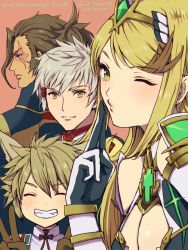 Rule 34 | 1girl, 3boys, addam origo, animal ears, anniversary, blonde hair, blowing kiss, breasts, cat boy, cat ears, chest jewel, cleavage, closed eyes, gloves, grin, highres, large breasts, looking at viewer, milton (xenoblade), minoth (xenoblade), multiple boys, mythra (xenoblade), o3o, one eye closed, orange background, scar, scar across eye, scar on face, smile, swept bangs, tiara, upper body, v, white gloves, wink, xenoblade chronicles (series), xenoblade chronicles 2, xenoblade chronicles 2: torna - the golden country, yamamori kinako, yellow eyes