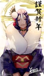Rule 34 | 1girl, absurdres, artist name, commentary request, fate/grand order, fate (series), floral print, fur trim, grey background, hair ornament, highres, japanese clothes, kimono, long hair, long sleeves, looking at viewer, minamoto no raikou (fate), obi, parted lips, purple eyes, purple hair, purple kimono, sash, simple background, smile, solo, translation request, wide sleeves, yoshio (55level)