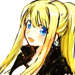 Rule 34 | 1girl, :d, blonde hair, blue eyes, blush, close-up, dutch angle, earrings, eyelashes, fullmetal alchemist, glowing, glowing earrings, happy, jacket, jewelry, long hair, looking at viewer, looking up, open mouth, ponytail, shirt, simple background, smile, solo, tsukuda0310, upper body, white background, white shirt, winry rockbell