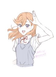 Rule 34 | 1girl, aziazi014, blush, commentary request, cropped torso, dated, dress, grey dress, hair flowing over, hand up, highres, looking at viewer, love live!, love live! superstar!!, medium hair, neck ribbon, open mouth, orange hair, pinafore dress, purple eyes, red ribbon, ribbon, school uniform, shibuya kanon, shirt, short sleeves, sleeveless, sleeveless dress, solo, summer uniform, teeth, twitter username, upper body, upper teeth only, white background, white shirt, yuigaoka school uniform