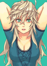Rule 34 | 1girl, ahoge, aqua background, arms behind head, arms up, blonde hair, blouse, blue shirt, breasts, cleavage, green eyes, large breasts, long hair, mustard seeds, original, shirt, simple background, solo, upper body, yuuji (and)