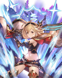 Rule 34 | 1girl, black gloves, blonde hair, brown eyes, closed mouth, djeeta (granblue fantasy), earrings, elbow gloves, eyebrows, gloves, granblue fantasy, hair between eyes, hairband, highres, holding, holding sword, holding weapon, jewelry, legs apart, looking at viewer, midriff, mohurine cute, navel, short shorts, shorts, smile, solo, sword, weapon