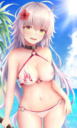 Rule 34 | 1girl, :d, ahoge, bare arms, bare shoulders, bikini, black choker, blue sky, blush, brown eyes, choker, cloud, collarbone, covered erect nipples, cowboy shot, day, endsmall min, fate/grand order, fate (series), flower, groin, hair between eyes, hair flower, hair ornament, highres, horizon, jeanne d&#039;arc alter (swimsuit berserker) (fate), jeanne d&#039;arc (fate), jeanne d&#039;arc alter (fate), jeanne d&#039;arc alter (swimsuit berserker) (fate), long hair, nipples, o-ring, o-ring bikini, o-ring bottom, o-ring top, ocean, open mouth, outdoors, red flower, see-through, sidelocks, silver hair, sky, smile, solo, standing, sunlight, swimsuit, v-shaped eyebrows, very long hair, water, white bikini