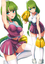 Rule 34 | 1girl, ahoge, alternate costume, arm up, blue eyes, blunt bangs, blush, braid, breasts, cheerleader, comala (komma la), green hair, highres, kantai collection, large breasts, leg up, long hair, midriff, mole, mole under mouth, multiple views, navel, open mouth, pink skirt, pleated skirt, pom pom (cheerleading), shoes, simple background, single braid, skirt, sleeveless, sneakers, standing, thighhighs, white background, white footwear, white thighhighs, yuugumo (kancolle)