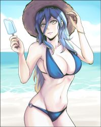 Rule 34 | 1girl, alternate hairstyle, bikini, blonde hair, blue bikini, blue hair, bracelet, breasts, cal (pmgdd), cleavage, gradient hair, hat, jewelry, large breasts, league of legends, long hair, multicolored hair, navel, o-ring, o-ring bikini, ocean, popsicle, solo, sona (league of legends), straw hat, swimsuit, yellow eyes