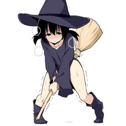 Rule 34 | 1girl, black hair, blush, broom, broom riding, clothes lift, crotch rub, dress, dress lift, female masturbation, hair between eyes, hat, legs apart, masturbation, migchip, original, purple hat, simple background, solo, standing, trembling, twintails, white background, witch, witch hat