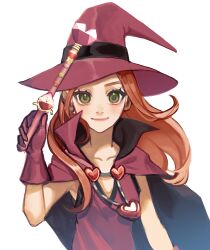 Rule 34 | 1girl, cape, chocolat meilleure, commentary, dress, gkdus0201, gloves, green eyes, hat, heart pendant, highres, holding, holding wand, jewelry, light smile, long hair, looking at viewer, orange hair, pendant, pink cape, pink dress, pink gloves, pink hat, simple background, sleeveless, sleeveless dress, solo, sugar sugar rune, wand, white background, witch hat