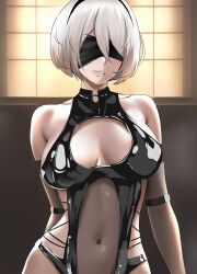 Rule 34 | 1girl, alternate costume, bare shoulders, blush, breasts, cleavage cutout, clothing cutout, covered eyes, detached sleeves, eyepatch, highres, lainart, large breasts, latex, leotard, lips, mole, mole under mouth, navel, nier:automata, nier (series), open mouth, see-through, see-through leotard, short hair, teeth, white hair, 2b (nier:automata)