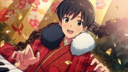 Rule 34 | 1boy, :d, asada hachi, black eyes, black hair, blush, commentary, confetti, dutch angle, fingernails, floral print, fur scarf, fuyumi jun, hands up, haori, happy, highres, idolmaster, idolmaster side-m, indoors, instrument, japanese clothes, kimono, male focus, music, open mouth, piano, playing instrument, playing piano, red kimono, short hair, smile, solo, teeth, twitter username, upper body, upper teeth only, watermark