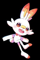 Rule 34 | black background, blush, buck teeth, rabbit, commentary request, creatures (company), full body, game freak, gen 8 pokemon, highres, looking at viewer, nintendo, norua, open mouth, pokemon, pokemon (creature), scorbunny, simple background, smile, solo, teeth