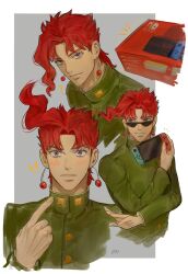 Rule 34 | !, !!, 1boy, blush, cherry earrings, closed mouth, earrings, food-themed earrings, food themed earrings, gakuran, green jacket, hand up, highres, holding, jacket, jewelry, jojo no kimyou na bouken, kakyoin noriaki, long sleeves, looking at viewer, looking away, male focus, medium hair, nintendo switch, on0n, pointing, pointing at self, purple eyes, red hair, school uniform, smile, stardust crusaders, sunglasses, upper body