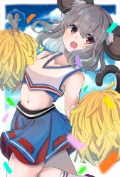 Rule 34 | &gt; o, 1girl, alternate costume, animal ears, blue skirt, blue sky, border, cheerleader, cloud, commission, confetti, gradient sky, grey hair, highres, holding, holding pom poms, looking at viewer, mouse (animal), mouse ears, nazrin, one eye closed, open mouth, outdoors, pom pom (cheerleading), pom poms, ponta (wwtaimeww), red eyes, short hair, skeb commission, skirt, sky, tank top, touhou, white border, white legwear, white tank top