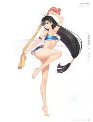 Rule 34 | 1girl, :d, ahoge, arm up, armlet, bandeau, bare legs, bare shoulders, barefoot, bikini, bikini skirt, black hair, blade arcus from shining, blue eyes, breasts, cleavage, collarbone, flower, full body, hair ornament, hairclip, halterneck, highres, large breasts, leg lift, leg up, long hair, low-tied long hair, miniskirt, official art, open mouth, pairon, shining (series), simple background, skirt, smile, solo, standing, standing on one leg, strap gap, swimsuit, tiptoes, tony taka, towel, underboob, very long hair, white background