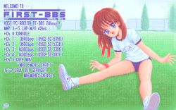 Rule 34 | 1990s (style), 1991, 1girl, :d, ad, bare legs, blue eyes, brown hair, buruma, chain-link fence, day, dithering, english text, engrish text, fence, field, fog, full body, grass, gym uniform, hair ribbon, leaning forward, long hair, looking at viewer, non-web source, open mouth, pc-98 (style), pc98, phone number, pixel art, ranguage, retro artstyle, ribbon, shoes, signature, sitting, smile, sneakers, solo, spread legs, sweatband, phone number, tree, wristband
