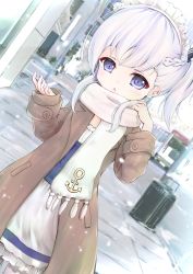 Rule 34 | 1girl, absurdres, anchor symbol, apron, azur lane, belfast (azur lane), black ribbon, blue dress, blurry, blurry background, blush, braid, brown coat, child, coat, commentary, day, depth of field, dress, dutch angle, frilled dress, frills, fringe trim, hair ribbon, hands up, highres, little bel (azur lane), long hair, long sleeves, looking at viewer, maid, maid headdress, maru shion, open clothes, open coat, outdoors, parted lips, purple eyes, ribbon, road, scarf, sleeves past wrists, solo, street, waist apron, white apron, white hair, white scarf