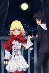 Rule 34 | 1boy, 1girl, absurdres, black hair, black jacket, black pants, blonde hair, blue eyes, building, child, city, city lights, cloud, cloudy sky, colorized, commentary, dot nose, dress, feet out of frame, from behind, full moon, gazing eye, haimura kiyotaka, hand on own hip, hand up, highres, jacket, kamijou touma, leivinia birdway, light blush, long sleeves, looking at another, medium hair, moon, night, night sky, novel illustration, official art, outdoors, pants, parted lips, red thighhighs, short dress, short hair, sky, slit pupils, spiked hair, spoilers, standing, sweatdrop, teeth, thighhighs, toaru majutsu no index, toaru majutsu no index: new testament, tree, white dress, white hood