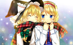 Rule 34 | 2girls, ^ ^, absurdres, alice margatroid, blonde hair, blue eyes, blush, braid, capelet, closed eyes, closed eyes, female focus, hairband, hanabana tsubomi, hat, highres, jitome, kirisame marisa, multiple girls, perfect cherry blossom, plaid, plaid scarf, ribbon, scarf, shared clothes, shared scarf, smile, touhou, upper body, witch, witch hat, yuri