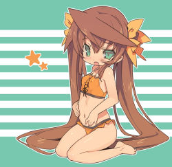 Rule 34 | 10s, 1girl, bad id, bad pixiv id, bare legs, bare shoulders, barefoot, bikini, blade (galaxist), blush, bow, breasts, brown hair, covered erect nipples, fang, green eyes, hair bow, huang lingyin, infinite stratos, long hair, midriff, navel, open mouth, orange bikini, sitting, small breasts, solo, swimsuit, tankini, twintails, very long hair, wariza