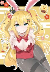 Rule 34 | 1girl, absurdres, akai haato, animal ears, black pantyhose, blonde hair, blue eyes, bow, breasts, chinese zodiac, cleavage, collar, commentary request, dande, detached collar, egasumi, fake animal ears, haaton (akai haato), hair ornament, heart, heart hair ornament, highres, hololive, large breasts, leotard, long hair, looking at viewer, pantyhose, playboy bunny, rabbit ears, rabbit hair ornament, red bow, red leotard, tongue, tongue out, twintails, virtual youtuber, white collar, white wrist cuffs, wrist cuffs, year of the rabbit
