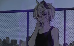 Rule 34 | 1girl, bare arms, black shirt, chain-link fence, cityscape, collarbone, ear piercing, fence, flower (vocaloid), flower (vocaloid4), hand on own chin, ishitsuki ( 0101 831), looking at viewer, multicolored hair, night, outdoors, parted lips, piercing, purple hair, shirt, short hair, smile, solo, streaked hair, upper body, vocaloid, white hair
