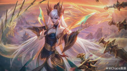 Rule 34 | 1girl, absurdres, artist name, blue eyes, breasts, chace chen chen, chinese commentary, cleavage, closed mouth, cloud, commentary request, cowboy shot, detached sleeves, divine sword irelia, dragon, earrings, eastern dragon, fingernails, hair between eyes, highres, irelia, jewelry, large breasts, league of legends, long hair, looking at viewer, mountain, multiple swords, official alternate costume, official alternate hairstyle, outdoors, rock, sidelocks, sky, solo, standing, sunlight, sunset, white hair