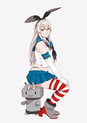 Rule 34 | 1girl, bad id, bad twitter id, black hairband, black neckerchief, black panties, blonde hair, blue sailor collar, blue skirt, brown eyes, crop top, elbow gloves, full body, gloves, grey background, hairband, highleg, highleg panties, highres, kantai collection, long hair, microskirt, miniskirt, neckerchief, ojipon, panties, pleated skirt, rensouhou-chan, sailor collar, shimakaze (kancolle), simple background, sitting, skirt, smile, solo, striped clothes, striped thighhighs, thighhighs, underwear, white gloves