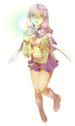 1girl bad_id bad_pixiv_id blue_eyes book female_focus fire_emblem fire_emblem:_path_of_radiance highres holding holding_book ilyana_(fire_emblem) index_finger_raised long_hair magic nintendo ouse_(otussger) purple_hair purple_skirt simple_background skirt solo white_background