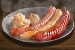 Rule 34 | food, food focus, garnish, meat, no humans, original, plate, realistic, sausage, steam, still life, toshi (hokkaido2015)
