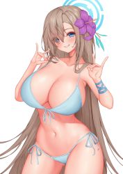 Rule 34 | absurdres, asuna (blue archive), bikini, blue archive, blue eyes, blush, breasts, brown hair, cleavage, flower, hair flower, hair ornament, highres, large breasts, long hair, looking at viewer, parted lips, pinkcap, side-tie bikini bottom, simple background, smile, solo, swimsuit, white background, white bikini
