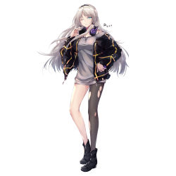 Rule 34 | 1girl, alternate costume, an-94 (girls&#039; frontline), ankle boots, baggy clothes, black bra, black footwear, black pantyhose, blonde hair, blue eyes, blush, boots, bra, breasts, casual, cellphone, closed mouth, collarbone, dated, dog tags, dress, full body, girls&#039; frontline, grey dress, hair ribbon, hairband, half-closed eye, hand on headphones, headphones, headphones around neck, highres, holding, holding phone, jacket, long hair, long sleeves, looking at viewer, medium breasts, off shoulder, one eye closed, open clothes, open jacket, pantyhose, pantyhose around one leg, phone, ribbon, short dress, sidelocks, signature, simple background, single leg pantyhose, smartphone, solo, thighs, torn clothes, torn pantyhose, tress ribbon, underwear, unzipped, white background, zhishi ge fangzhang, zipper