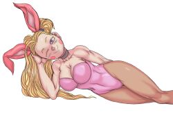 Rule 34 | 1girl, absurdres, arm behind back, arm support, blonde hair, breasts, character request, cleavage, covered navel, forehead, highres, large breasts, legs, leotard, lying, one eye closed, playboy bunny, purple eyes, rabbit ears, solo, thighs, toned, twintails, wink