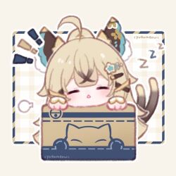 Rule 34 | 1girl, ahoge, animal ear fluff, animal ears, artist name, bell, blonde hair, blush, box, brown hair, cat ears, cat tail, chibi, closed eyes, colored tips, commentary, english commentary, fantasy, genshin impact, head tilt, jingle bell, kirara (genshin impact), long hair, multicolored hair, multiple tails, notice lines, open mouth, plaid, plaid background, ponytail, sigh, sleeping, striped border, tail, triangle mouth, two-tone hair, two tails, yellow background, yukomeow, zzz