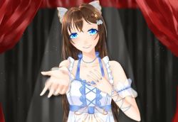 Rule 34 | 1girl, anata no risou no heroine, aqua bow, aqua eyes, arm garter, arm ribbon, artist name, artist request, bare shoulders, black curtains, blue bow, blue eyes, blush, bow, bracelet, breasts, brown hair, cleavage, collarbone, cross-laced clothes, cross-laced dress, dress, dress bow, drop earrings, earrings, female focus, flower, flower bracelet, frilled dress, frills, hair between eyes, hair bow, hair ornament, hairclip, half updo, halter dress, halterneck, hand on own chest, indoors, jewelry, long hair, looking at viewer, love live!, love live! nijigasaki high school idol club, love live! school idol festival, miniskirt, nail, nail polish, necklace, on stage, osaka shizuku, parted lips, pearl bracelet, pearl hair ornament, pearl necklace, pink flower, pink nails, pink rose, plaid, plaid dress, plaid skirt, pleated, pleated dress, pleated skirt, ponytail, purple flower, purple rose, reaching, reaching towards viewer, red curtains, ribbon, rose, short sleeves, skirt, small breasts, smile, solo, spotlight, stage, stage lights, star (symbol), star hair ornament, striped clothes, striped dress, striped skirt, vertical-striped clothes, vertical-striped dress, vertical-striped skirt, white bow, white dress, white ribbon, white skirt, wrist ribbon