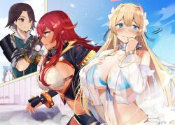 Rule 34 | 1boy, 3girls, armor, bare shoulders, bikini, black jacket, blonde hair, blue bikini, blue eyes, blue sky, blush, bracelet, breastless clothes, breasts, character request, cleavage, closed mouth, collar, copyright request, dark skin, fingerless gloves, fur-trimmed bikini top, fur trim, gloves, hand on own chest, highres, jacket, jewelry, large breasts, long hair, looking away, midriff, mole, mole under eye, multiple girls, multiple views, navel, nose blush, novel illustration, official art, pauldrons, profile, red hair, see-through, shoulder armor, sidelocks, sky, spiked bracelet, spikes, sweat, swimsuit, tetsubuta, textless version, upper body, wavy mouth, yellow eyes