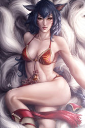 Rule 34 | 1girl, ahri (league of legends), animal ears, armpits, artist request, bikini, black hair, braid, breasts, cleavage, eyelashes, facial mark, female focus, fingernails, fox ears, fox tail, highres, large breasts, league of legends, lips, long hair, looking at viewer, lying, multiple tails, nail polish, navel, on back, parted lips, red nails, resized, sideboob, signature, slit pupils, solo, strap gap, string bikini, swimsuit, tail, tassel, toned, very long hair, yellow eyes