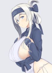Rule 34 | 10s, 1girl, ainu clothes, bandages, bandana, black thighhighs, blue eyes, breasts, cropped jacket, dress, folded ponytail, hands on own chest, headband, kamoi (kancolle), kantai collection, large breasts, leaning forward, long hair, looking at viewer, nao (ritsancrossover), panties, parted lips, pelvic curtain, side-tie panties, side slit, sideboob, sidelocks, sleeveless, sleeveless dress, solo, thighhighs, underwear, white dress, wrist guards